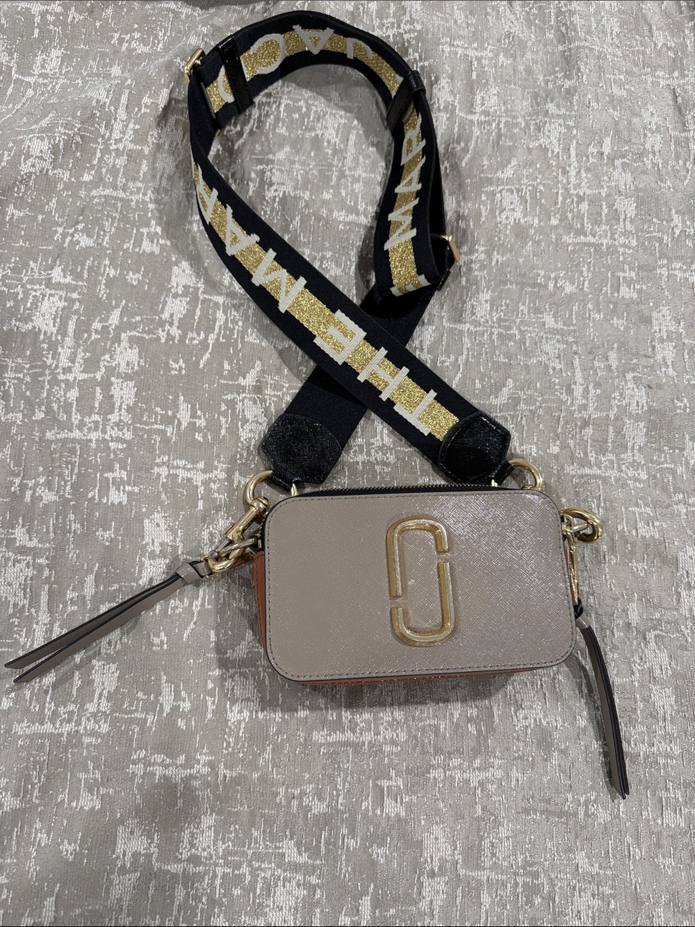 Marc Jacobs Small Taupe Camera Crossbody with Black Logo Strap